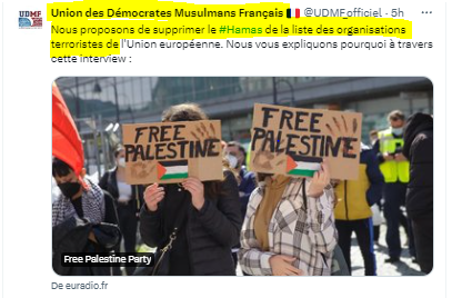 L'Union des Démocrates Musulmans Français qui présente une liste aux #Europeennes2024 propose de supprimer le #Hamas de la liste des organisations terroristes.