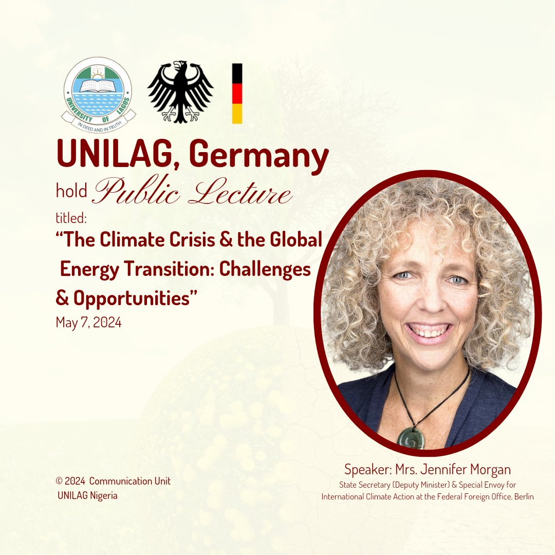 #UpcomingEvent The University of Lagos (UNILAG) in collaboration with the Consul General of the Federal Republic of Germany, Lagos will hold a public lecture on Tuesday, May 7, 2024 at 2:00p.m. at Tayo Aderinokun Lecture Theatre, UNILAG Click unilag.edu.ng/?p=36507 to read more