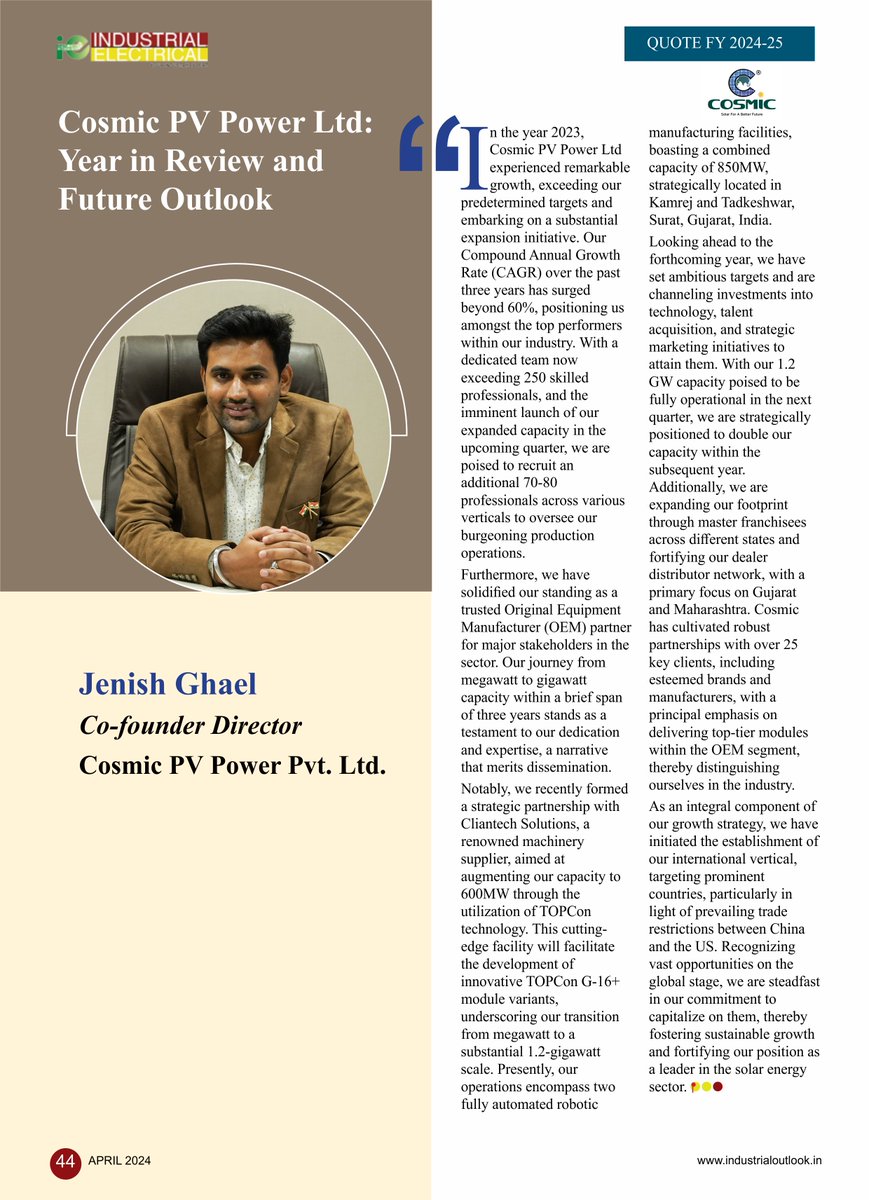 We have had an incredible year in 2023. Cosmic PV Power Pvt Ltd. saw impressive progress in the previous year. In an interview, our Co-Founder Director Janish Ghael discussed the history of Cosmic Power and how it is illuminating the future of renewable energy. #cosmicsolarpanel