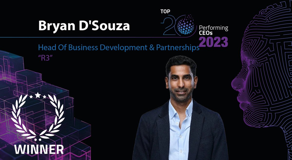 🎉 Congratulations to Bryan D’Souza for being recognized as one of MENA's top 20 performing CEOs in blockchain & crypto by Unlock Blockchain! Keep shining! 🌟 @inside_r3