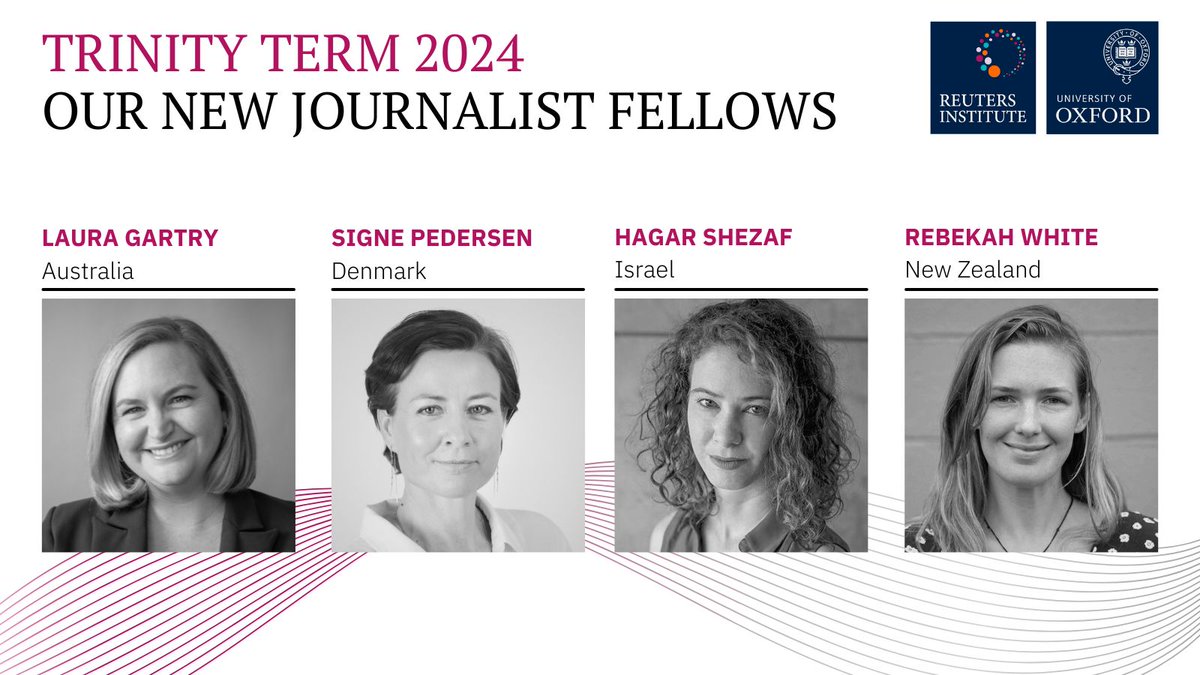 👋🏽We are delighted to welcome four new Journalist Fellows to the Reuters Institute this term. 🇦🇺 @LGartry from @abcnews 🇩🇰 @SigneFerslev from @finansdk @jyllandsposten 🇮🇱 @hagar_shezaf from @haaretzcom 🇳🇿 @RebekahWH from @NZGeographic 🔗Meet them here reutersinstitute.politics.ox.ac.uk/news/four-new-…