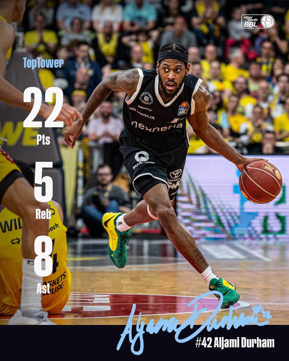 🔝🏀 #TopTower im #NordDerby vs. die @EWE_Baskets 

📊Aljami Durham spielte sich in einer emotionalen Partie mit seinen 22 Punkten & acht Assists zum erfolgreichsten Tower und Top Player der Partie.
💪🔥

#VeoliaTowersHamburg #easyCreditBBL