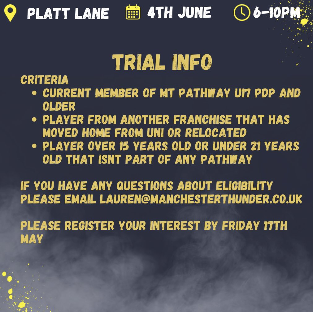 NPL Tournament Trials Contact lauren@manchesterthunder.co.uk for sign ups or further info 🖤💛