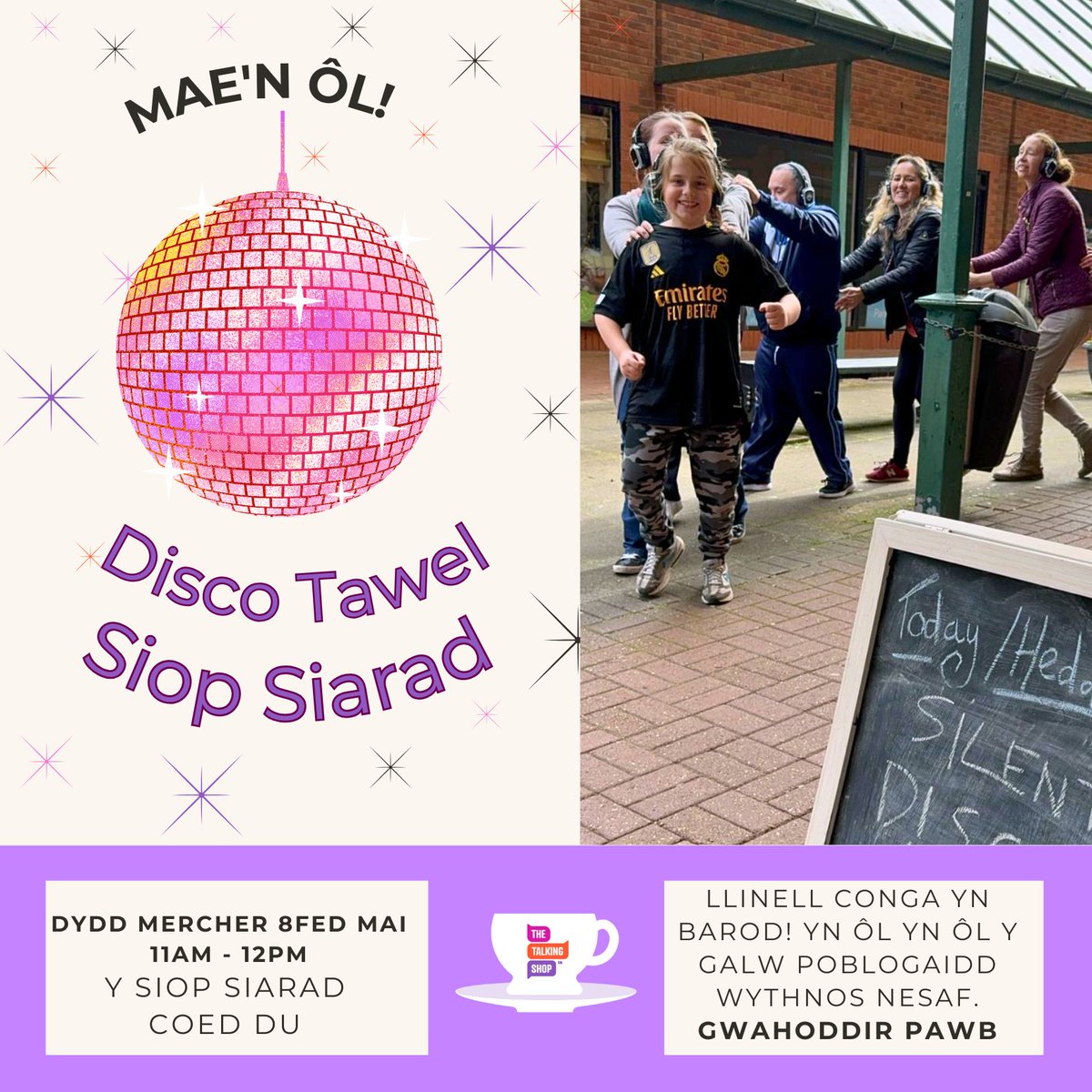 Mae'n ôl wythnos nesaf, The Talking Shop Silent Disco. Wedi'i warantu i roi gwên ar eich wyneb a sbring yn eich cam #GwahoddiadIBawb🪩