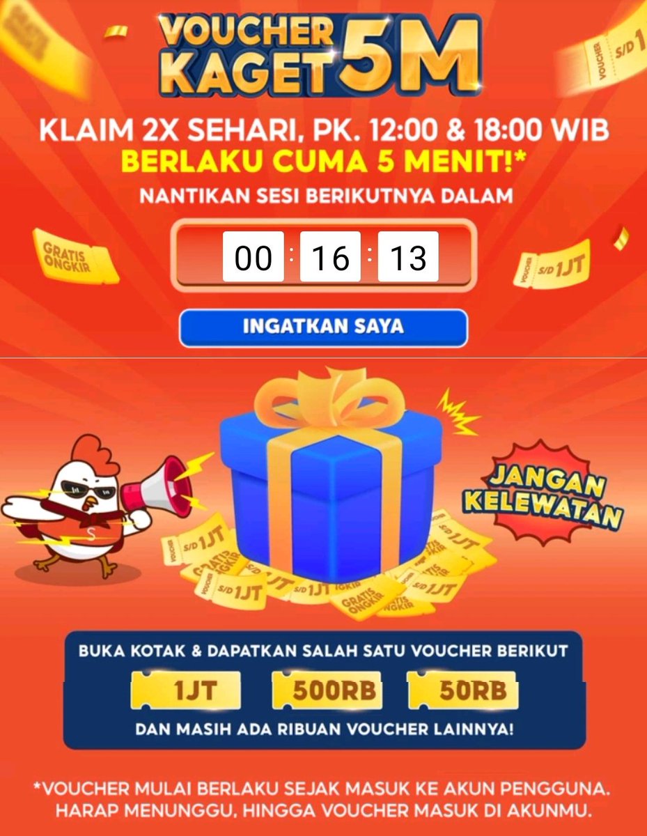 Shopee Voucher Kaget 5M 2x sehari hanya 5 menit ⏰ Jam 12:00 & 18:00 📌 Voucher hanya berlaku 5 menit 📌 Kalau voucher belum muncul, ditunggu dan dicoba terus karena delay Refresh halaman promo: shope.ee/AUXbvJPc9z Bisa juga halaman Shopee Games: shope.ee/9eyFOXtkTk