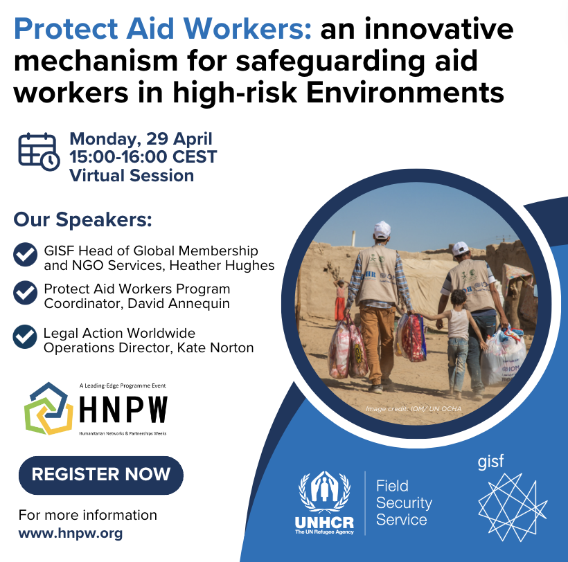 📣 It's not too late to register! This afternoon, during the virtual week of #HNPW, we’ll be providing an overview of Protect Aid Workers, a new initiative supporting #humanitarian workers with financial or legal aid. Join us today at 15:00 CEST. ➡️ hnpw.org