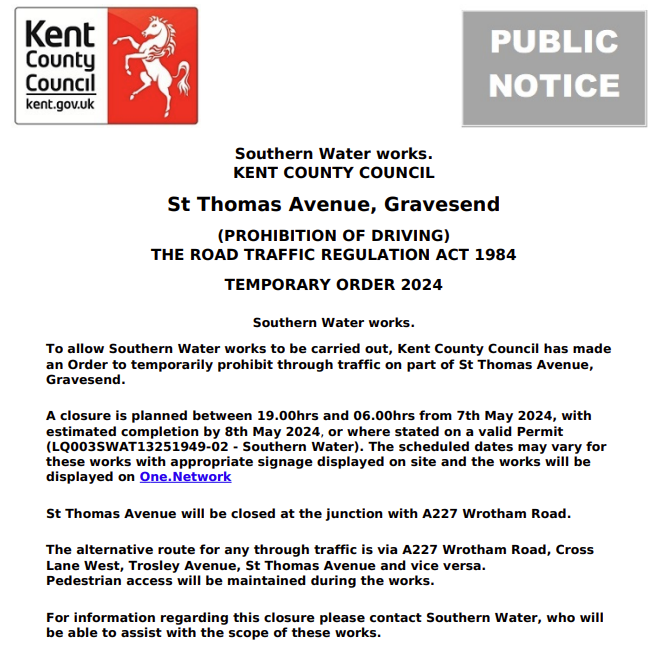 Gravesend, St. Thomas Avenue. Road closed on 7th May for 1 night (19:00-06:00) for @SouthernWater works: moorl.uk/?cl3lan