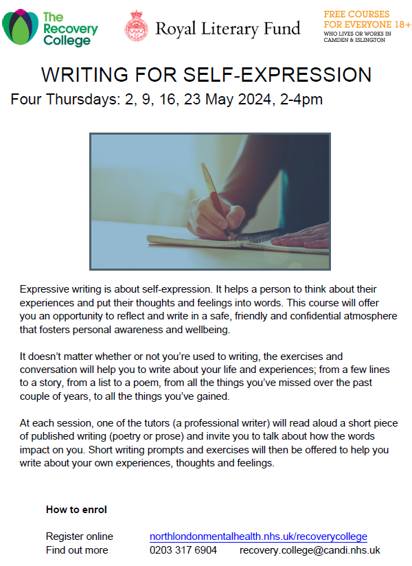 🖊️Writing for self-expression course starts this Thursday 2 May (2 hours weekly for 4 weeks) with the Royal Literary Fund @royallitfund ✏️ 18+ & live/work in Camden/Islington? enrol here northlondonmentalhealth.nhs.uk/the-recovery-c… @Cerdic @jovscott79 @CCA_Camden @KentishTownCC @LivingCentreNW1