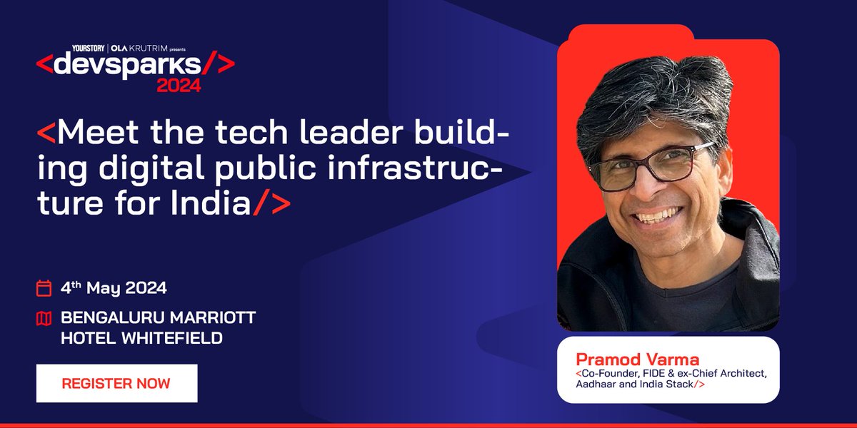 Pramod Varma (@pramodkvarma), the man who built the #tech behind Aaadhar, UPI and more, is on a mission to build India's tech future on the back of various cutting edge-technologies, such as open networks, #AI, open source infra and more. Catch him only at #DevSparks2024,