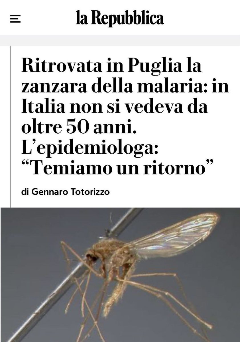 Arriva Bill Gates a Terni con la sua  ricerca contro la Malaria in collaborazione con Univerità di Perugia e Crisanti e... ZAC... dopo 1 anno  in Puglia ci troviamo DOPO 50 ANNI la zanzara portatrice del virus della MALARIA.

Ma guarda tu i casi della vita.

UmanoX