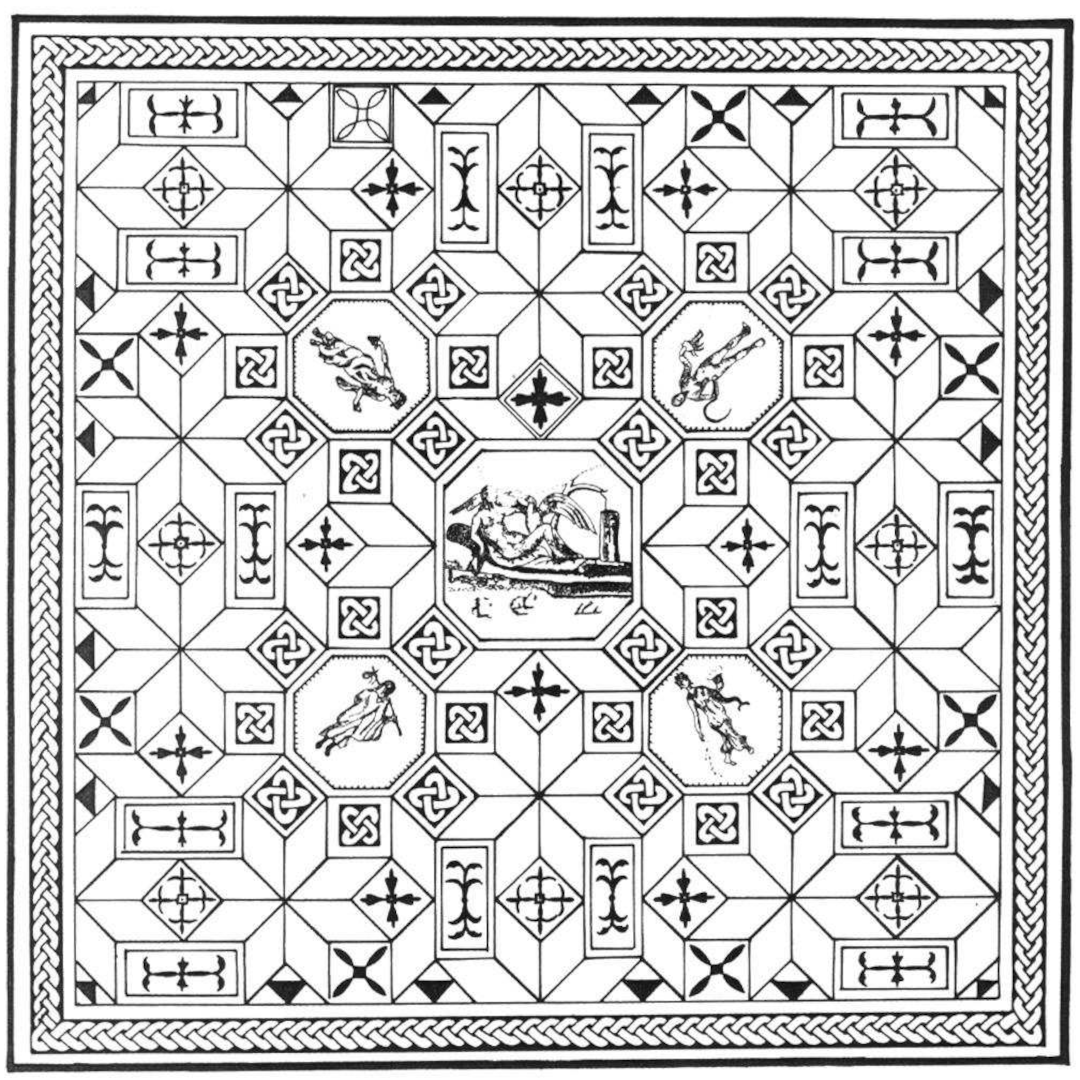 Mosaic with Leda and the swan.  Eight Solomon Knots surround seasonal allegories at the four corners, Pesaro, domus urbana.  2nd century
From Il Nodo Di Salomone, Simbolo E Archetipo D'Alleanza, Umberto Sansoni  #MosaicMonday
