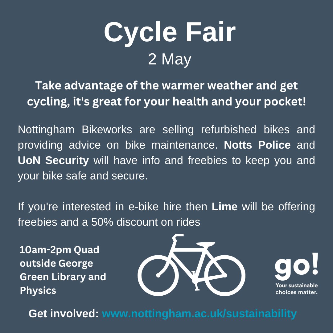 Come along to our Cycle Fair! 

10am-2pm Quad outside George Green Library and Physics!
