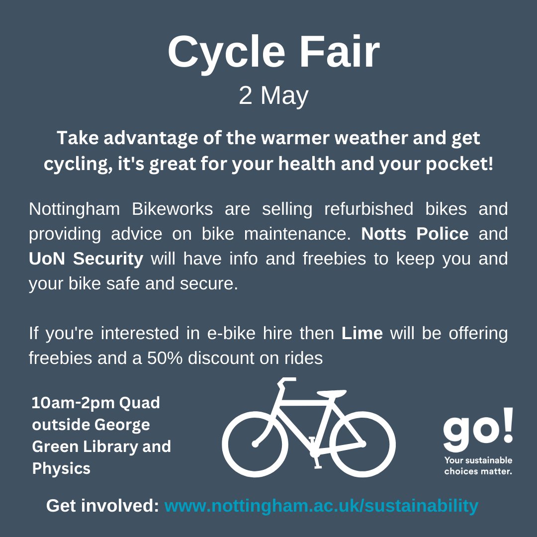 Come along to our Cycle Fair! 10am-2pm Quad outside George Green Library and Physics!