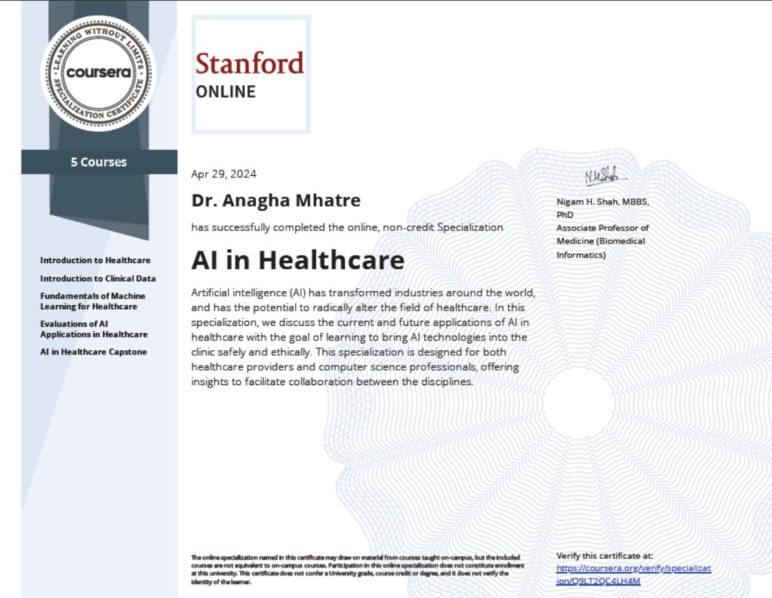 I completed AI in Healthcare specialization ☺️  #AI #AIHealthcare