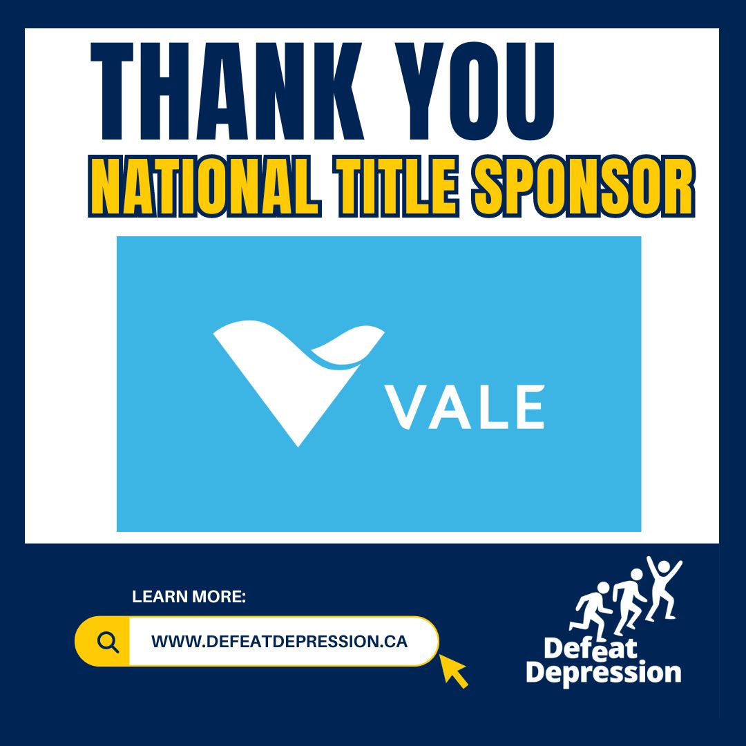 We're incredibly grateful to Vale Base Metals for being the Title Sponsor of the Defeat Depression campaign! Your commitment is essential in helping us increase support for mental health. Together, we're stronger! 💙#MentalHealthMatters #ThankYouVale @valeglobal