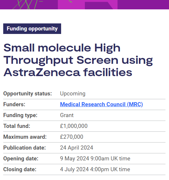 🚨 Pre-announcement: funding opportunity to run a High Throughput Screen using @AstraZeneca’s compound library and screening robots. Join our webinar on 9 May to find out more and ask questions. Email highthroughputscreen@mrc.ukri.org to register. More: orlo.uk/NFI8V