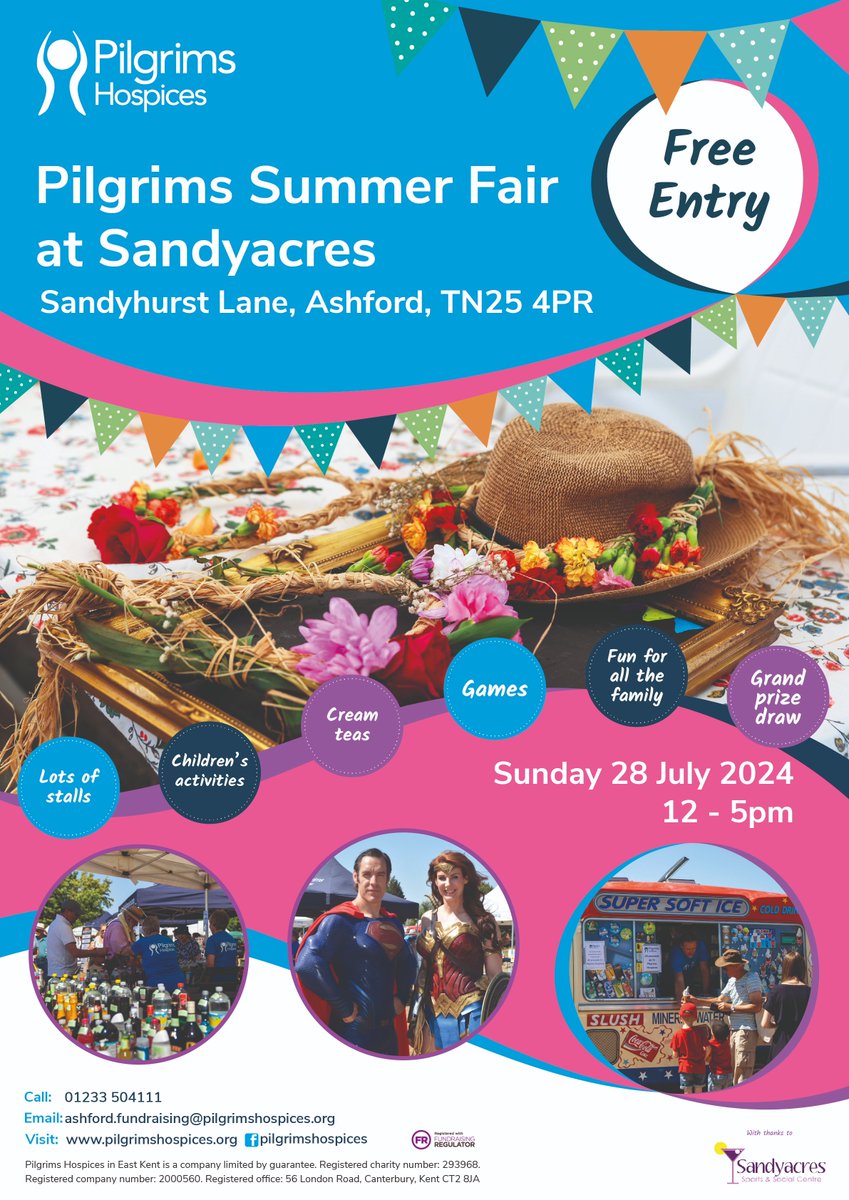 Join us for a heartwarming day at @PilgrimsHospice ' Summer Fair, happening on July 28th at Sandyacres Sports & Social Club. From 12pm to 5pm, come together with friends and family for a delightful afternoon. #ashford #ashfordkent #kent #kentevents #kentevent #hospice #Charity