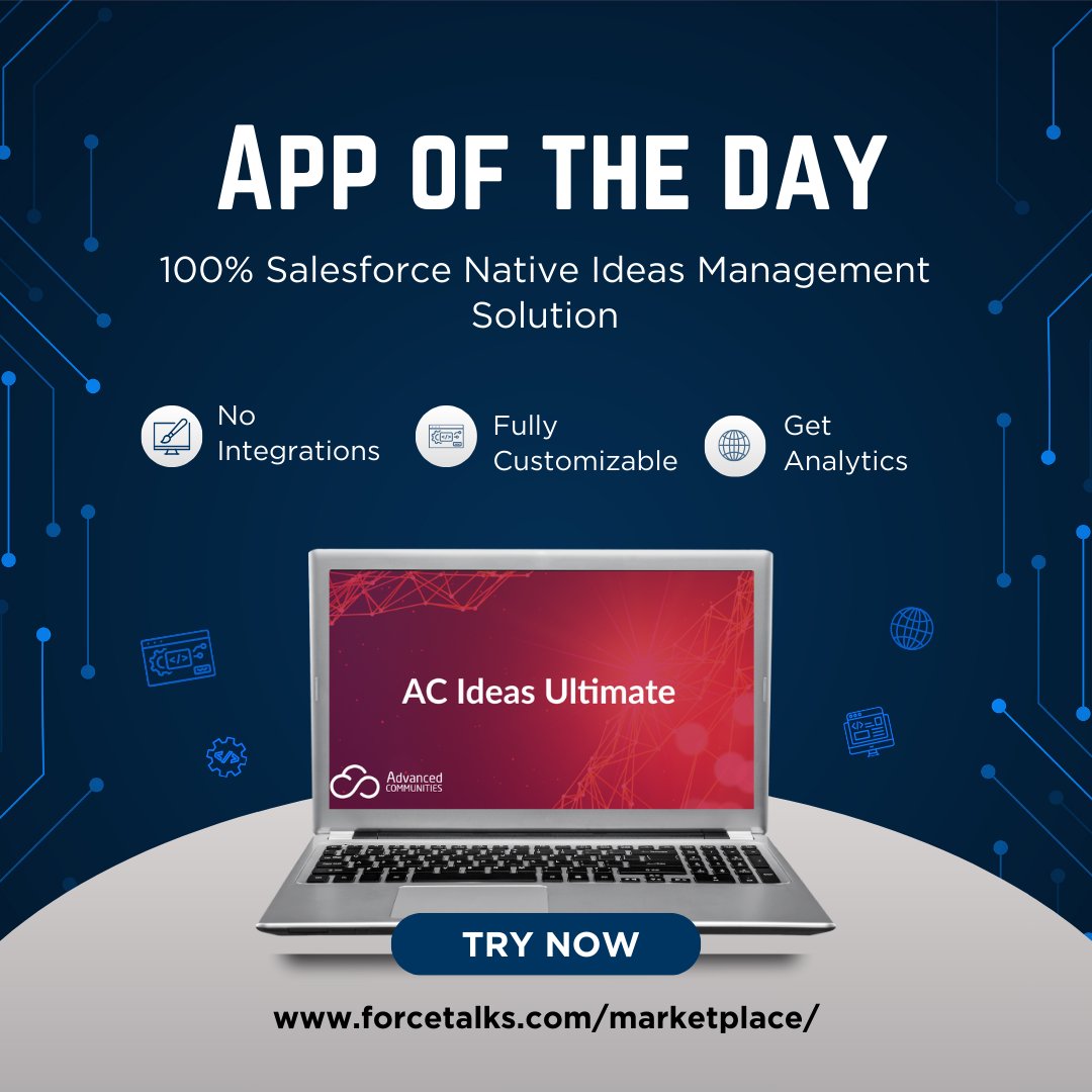 Forcetalks (@forcetalks) on Twitter photo Check out AC Ideas Ultimate! Enhance your Salesforce experience with a 100% native-to-Salesforce ideas management solution for communities on Experience Cloud by <a href="/AdvCommunities/">Advanced Communities - Experience Cloud experts</a>.
Download now: lnkd.in/gX_hXVtB
#Salesforce #SalesforceSolutions #AppExchange Check out AC Ideas Ultimate! Enhance your Salesforce experience with a 100% native-to-Salesforce ideas management solution for communities on Experience Cloud by <a href="/AdvCommunities/">Advanced Communities - Experience Cloud experts</a>.
Download now: lnkd.in/gX_hXVtB
#Salesforce #SalesforceSolutions #AppExchange