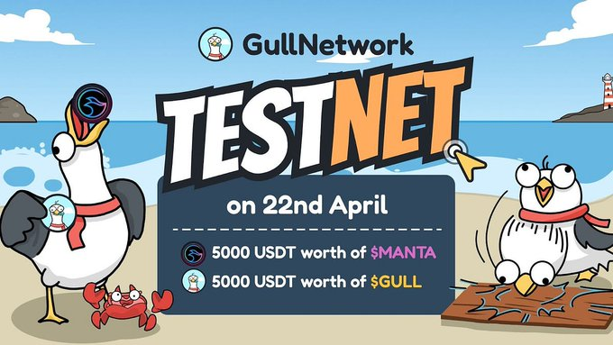 Gull Army, prepare for takeoff! Testnet Dropping on April 22nd!🔥

📅 Apr 22 - Apr 29
💰 $5K worth of $MANTA & $5K worth of $GULL
🏆 500 winners to mint Testnet NFT to redeem $GULL and $MANTA rewards!

Join us and EARN! 🦅🚀 
#letsgull, @GullNetwork
