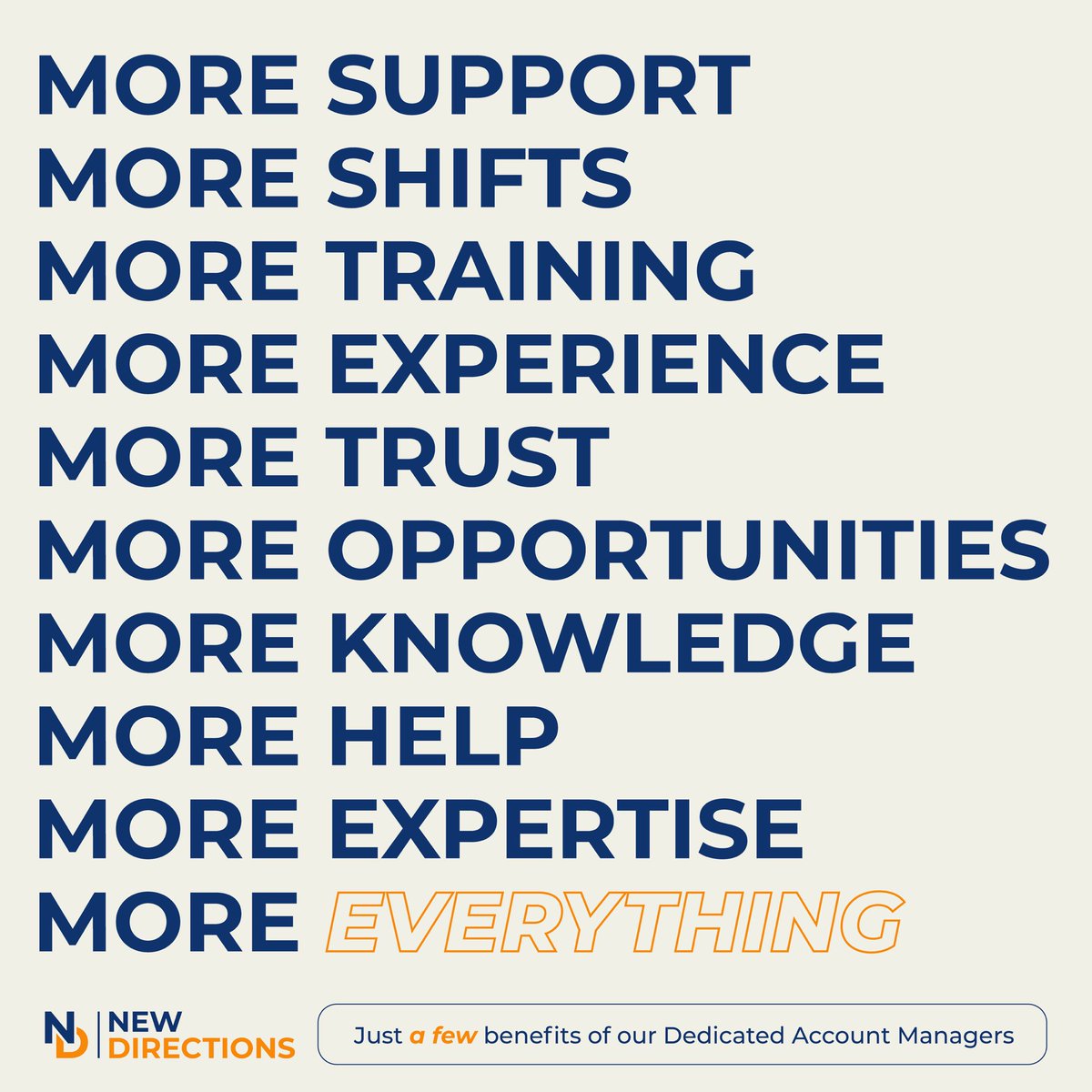 We have Dedicated Account Managers for our carers, providing you with the best opportunities💙

#newdirections #socialcare #accountmanager #carers #carer