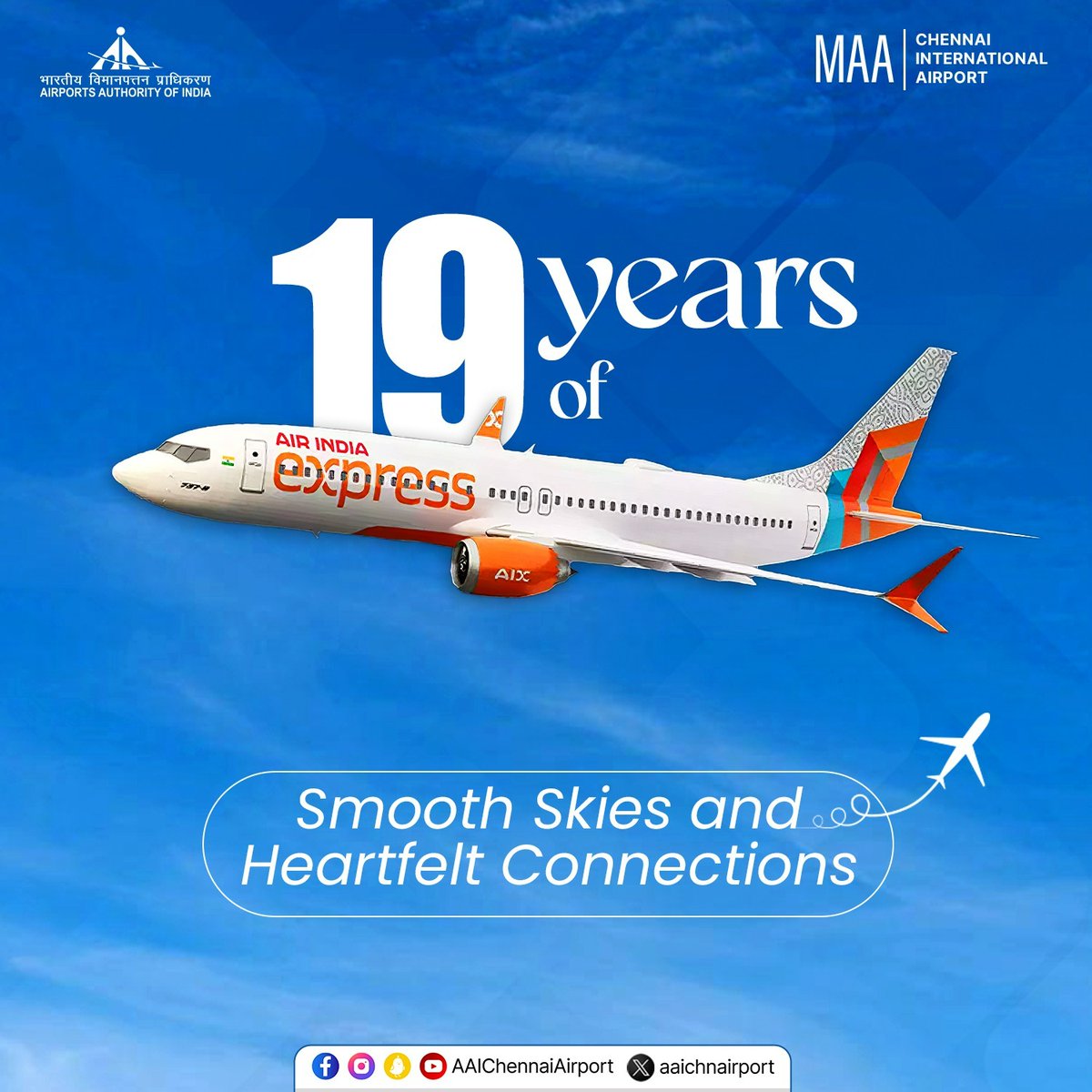 19 years in the skies! Congrats to Air India Express @AirIndiaX for nearly two decades of connecting destinations and enriching journeys. 

#ChennaiAirport #AAI #MAAAirport #Aviation #Airline #Anniversary #AAIAirports #AirIndiaExpress

@MoCA_GoI | @AAI_Official