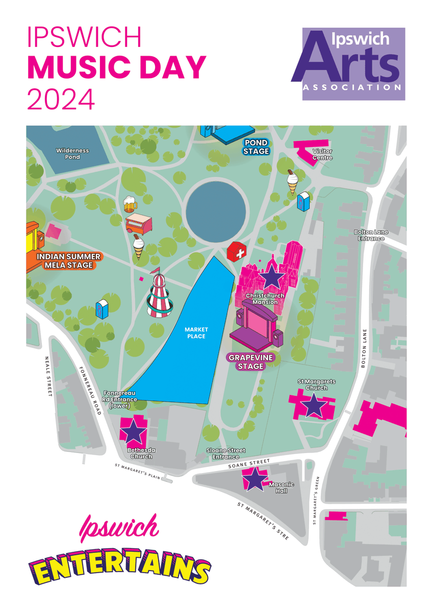 Coming to Ipswich Music Day this year? We’ve created these handy maps so you can find the entertainment, food + facilities you’re looking for. Discover 6 stages in Christchurch Park + classical music at 4 venues hosted by the Ipswich Arts Association. ipswichentertains.co.uk/ipswichmusicda…