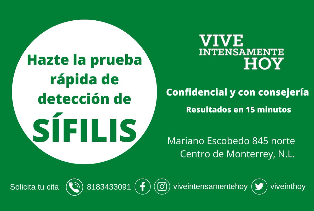 Si estás en #Monterrey, te invitamos a nuestra campaña gratuita de detección de SÍFILIS, confidencial y con consejería. Obtén tu resultado en 15 minutos.
¡Además, llévate condones y lubricantes de regalo!🎁
Solicita tu cita por teléfono o mensaje directo. 
#HazteLaPrueba
