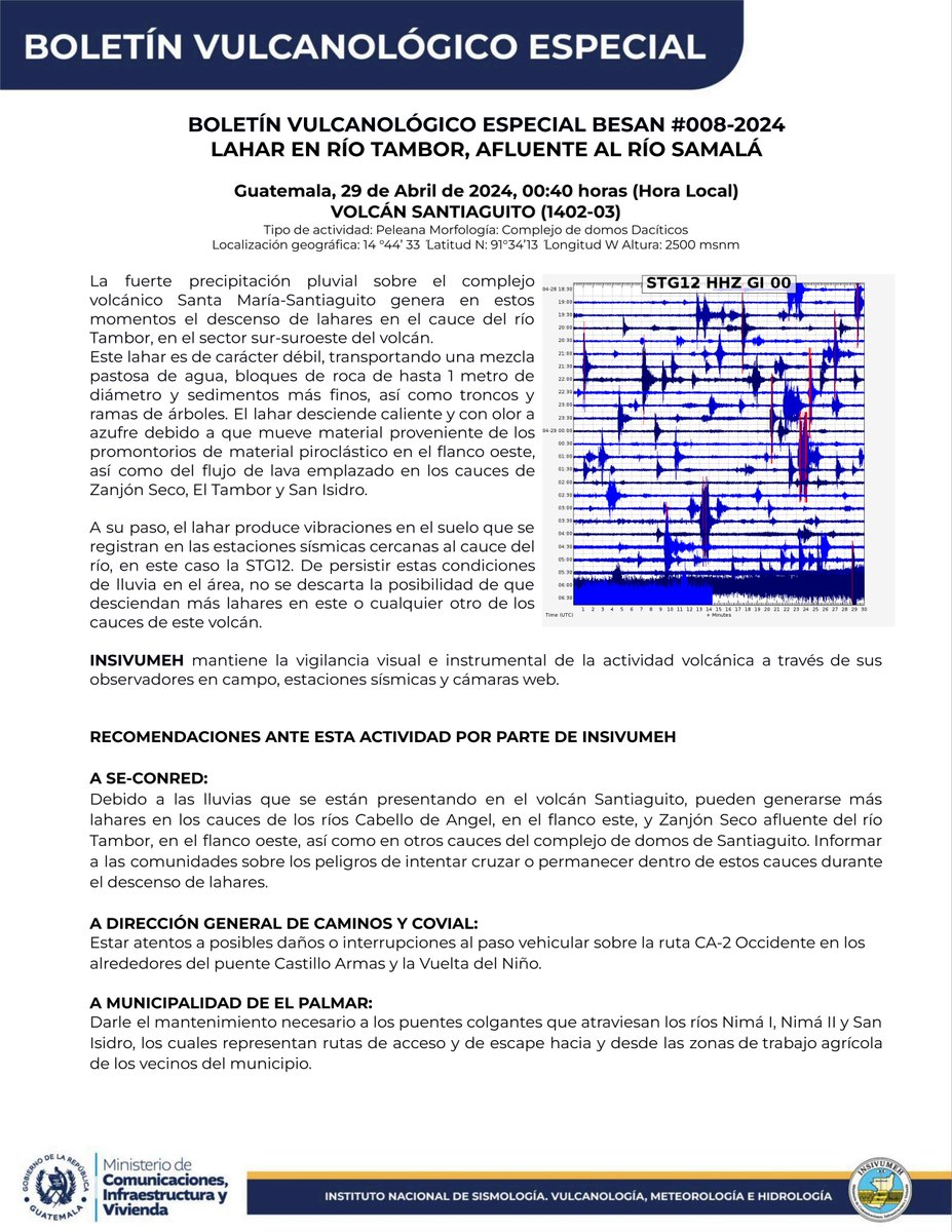 BOLETÍN VULCANOLÓGICO ESPECIAL 
BESAN #008-2024 
LAHAR EN RÍO TAMBOR, AFLUENTE AL RÍO SAMALÁ
Guatemala, 29 de Abril de 2024, 00:40 horas (Hora Local) 
VOLCÁN SANTIAGUITO (1402-03)