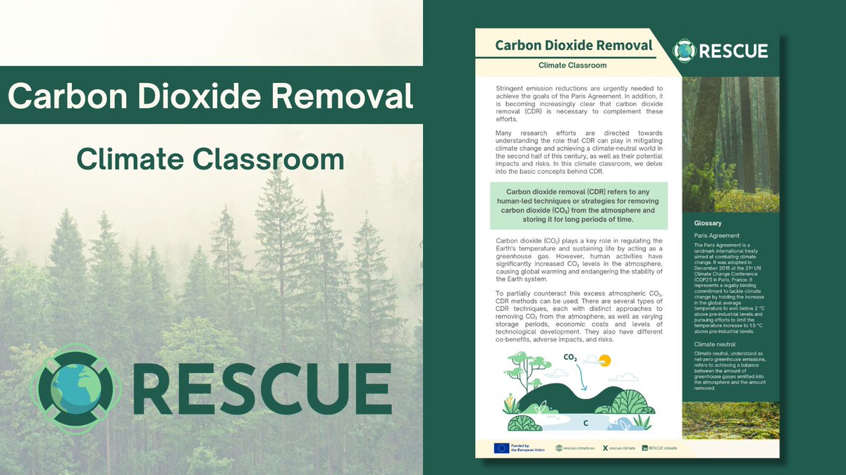 📢Check out the1⃣RESCUE Climate Classroom!

Have you heard about #CarbonDioxideRemoval? 
We explain it to you quickly and easily:
🔸What it is
🔸The main types of #CDR that exist.
🔸Their policy implications

Don't miss it!➡️rescue-climate.eu/resources/reso…