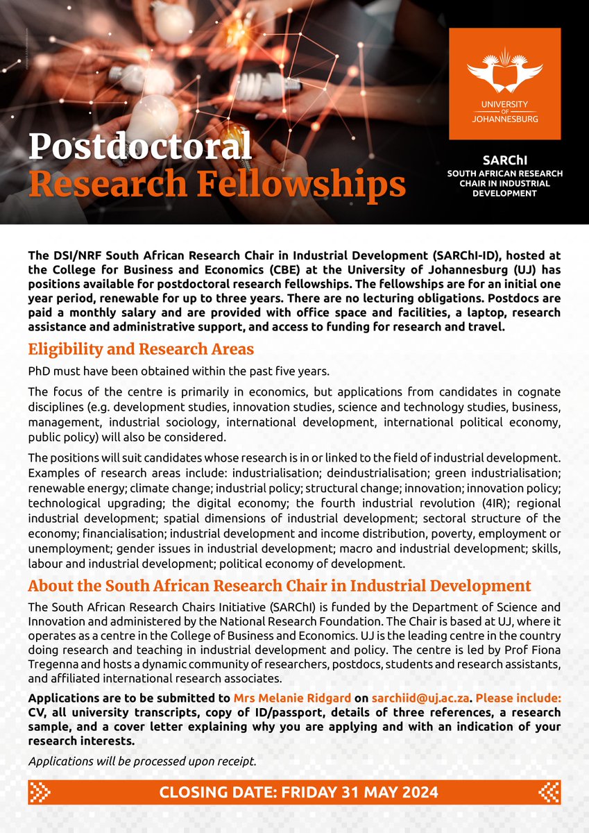 SARChI_ID's tweet photo. ππ¬ Exciting Opportunity Alert! π¬π
Interested candidates submit your, CV, university transcripts, ID/passport, three references, cover letter explaining why you are applying and indication of research interests to sarchiid@uj.ac.za.
#Postdoc #ResearchOpportunity #IndustrialDev https://t.co/SkazRPiin4