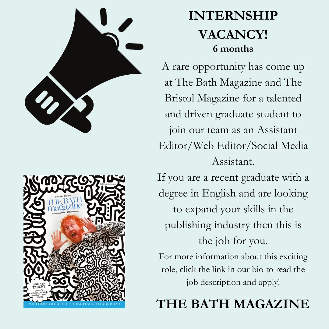 Guess what? We're hiring!📢 Are you an enthusiastic and recent graduate, willing to take on the exciting role as our web editor/assistant editor? Click the link below to find out more information and apply for this six-month paid internship🙌 thebathmagazine.co.uk/job-vacancy-di…