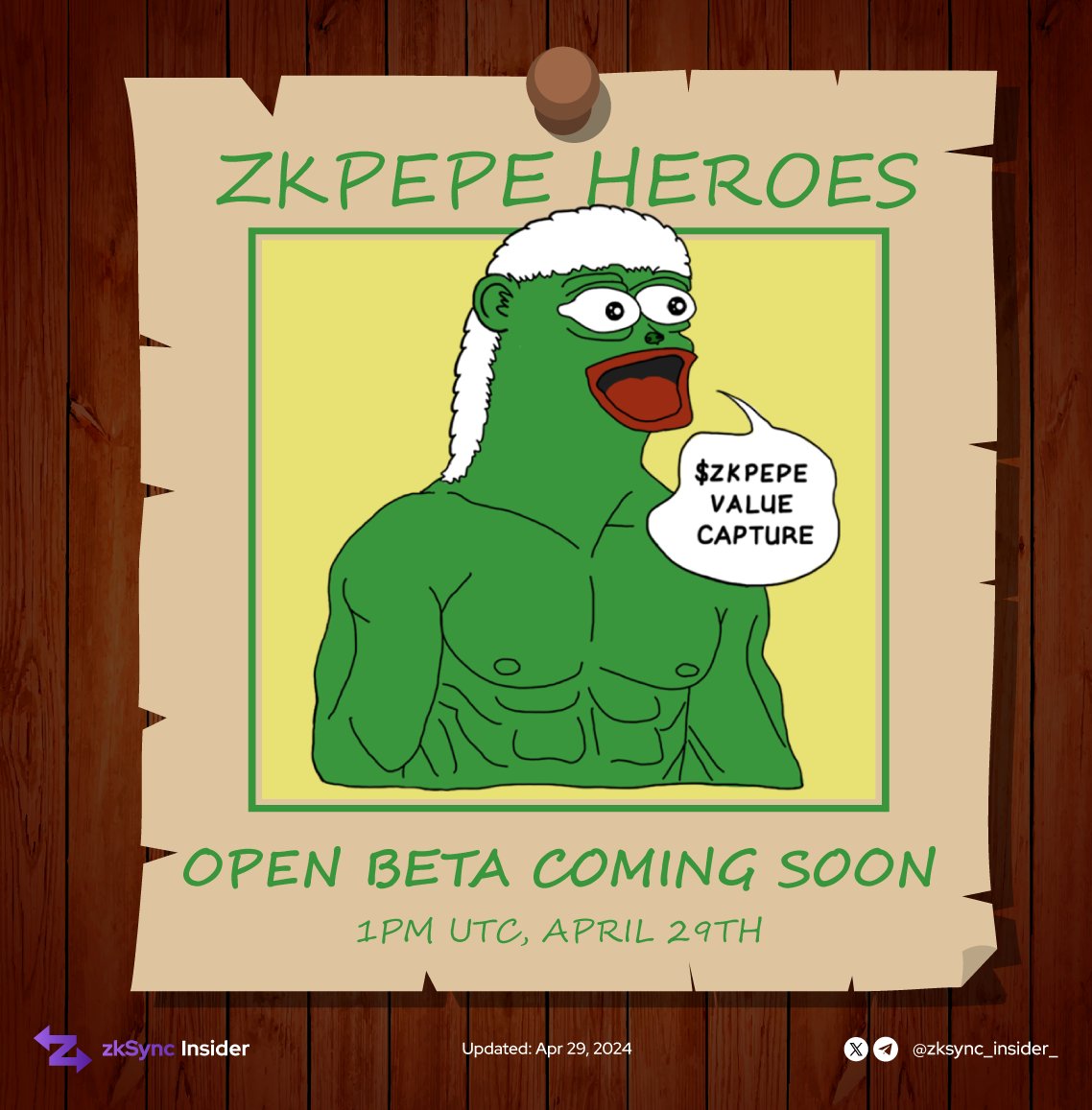 🔥 Attention, heroes! 🔥 🎮 The BETA phase of $ZKPEPE Heroes is set to launch at 1PM UTC! 🐸 Get ready to engage in epic battles in #ZKPEPEHEROES. Join forces to influence the destiny of the $ZKPEPE community! Follow us for all the latest updates !! #zkPEPE #zkSync #INSIDER