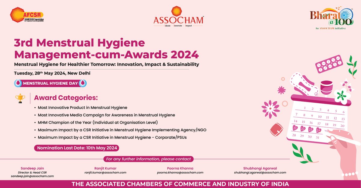 #MenstrualHygiene is a crucial aspect of women's health that is still considered taboo in many cultures, resulting in repercussions for women and girls globally. 

To address this issue, #ASSOCHAM is coming up with the 3rd Menstrual Hygiene Management Conference-cum-Awards 2024…