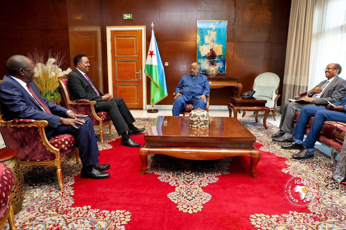 This morning at State House, His Excellency President @IsmailOguelleh, the President of Djibouti and Chair of IGAD, met with the IGAD Executive Secretary, H.E. @DrWorkneh, accompanied by the IGAD Special Envoy for Sudan. Discussions centered on the situation in Sudan,…