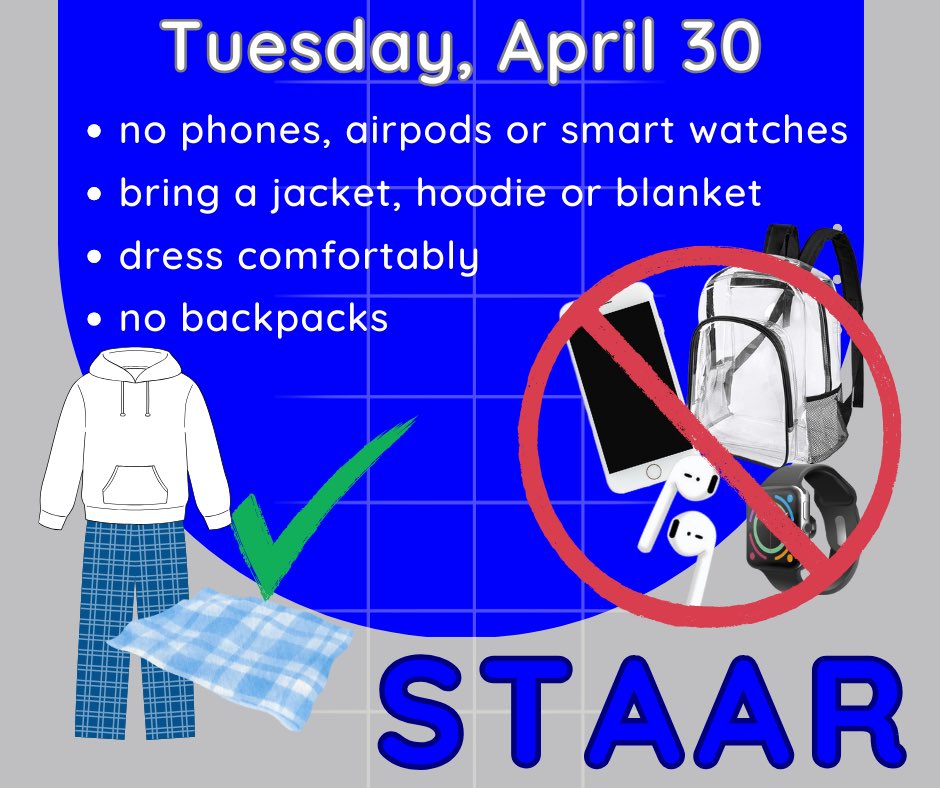 Tuesday, April 30 is Math/Algebra STAAR day!