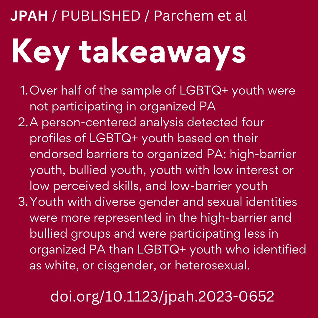 For #LGBTQ+ youth, systemic barriers often impede participation in organized #physicalactivity. This study takes a unique approach to understanding these, &amp; other barriers, by using an intersectional, person-centered analysis 🏳️‍🌈

doi.org/10.1123/jpah.2…  

Currently 🆓 to read