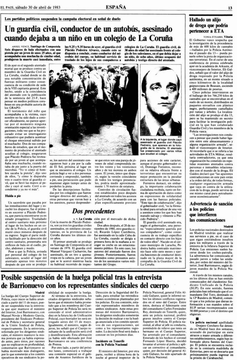 #TalDiacomoHoy de 1983 los #GRAPO asesinaron en #ACoruna al @guardiacivil Plácido Pedreira. Todas las mañanas llevaba al colegio en un microbús a los hijos de sus compañeros. Cuando faltaba un niño por bajar, dos terroristas le dispararon y remataron en el suelo. HILO ⤵️