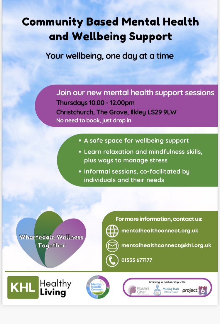 Join the new informal drop-in mental health support sessions every Thursday from 10am to Midday at Christchurch, Ilkley. For more information, visit mentalhealthconnect.org.uk/groups-and-cou…