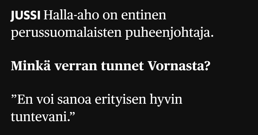 Käsien pesu on alkanut. Halla-aho eikä Purra tunteneet oman puolueensa kansanedustajaa. 

Katsotaan moniko muu Persu vielä tulee Vornasen kieltämään.