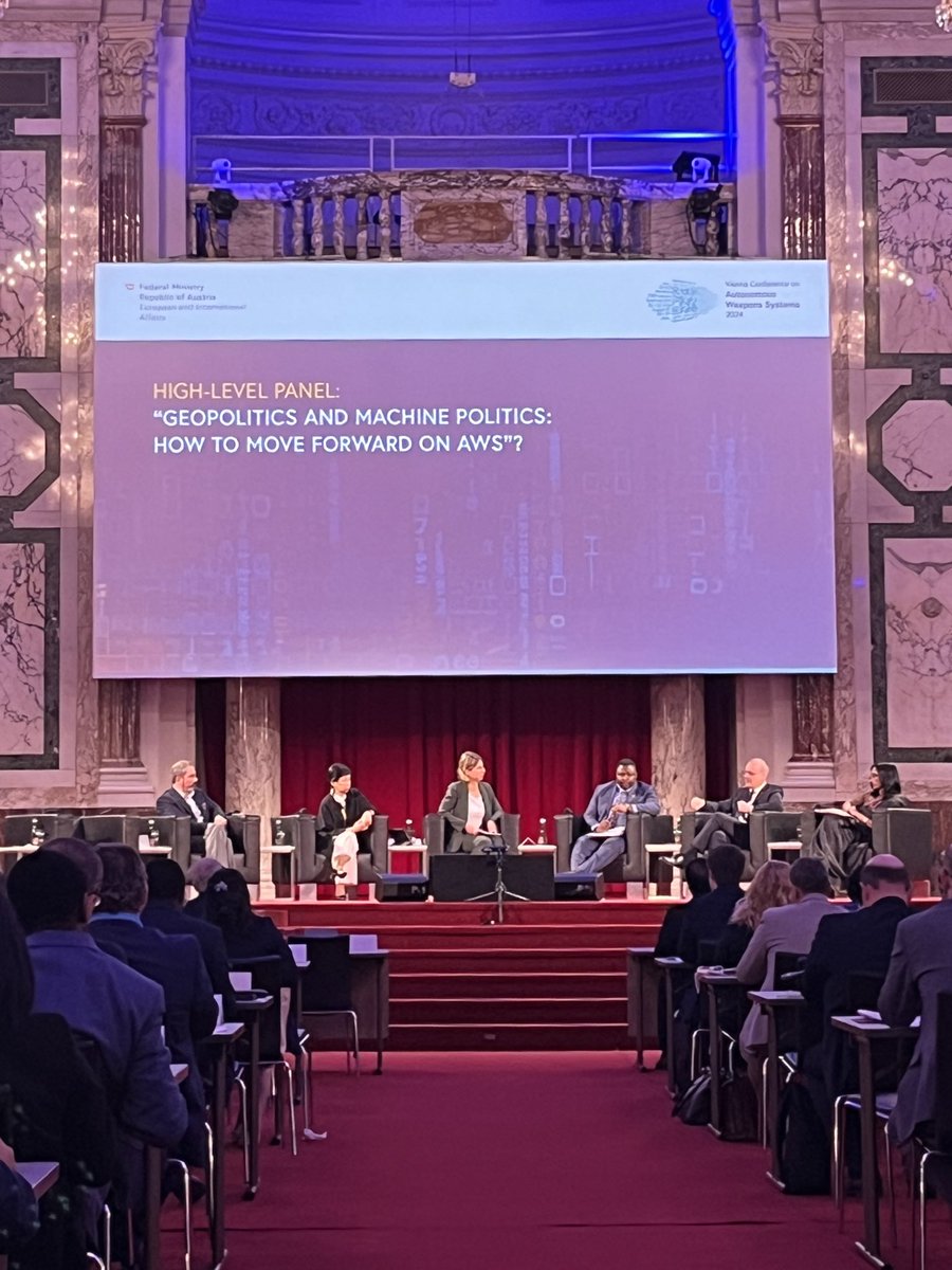 Some highlights from the second #AWS2024Vienna high-level panel, “Geopolitics and machine politics: How to move forward on AWS?”👇 One of the key themes expressed by all five panellists: it’s time to negotiate a legally-binding instrument. ➡️ “We have to let go of the excuse…