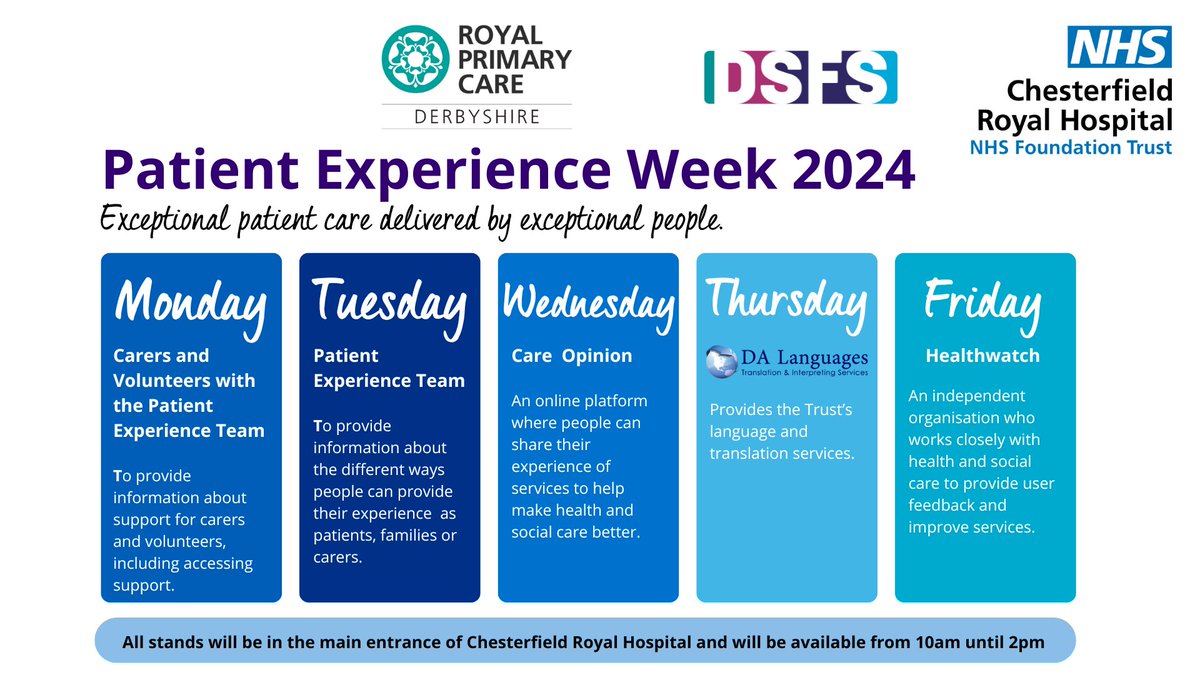 As part of #PatientExperienceWeek this week, we will be focussing on the people who impact patient experience, every day - our staff 👏🩷 We will also be celebrating alongside our partners as below, so please come and say hello and find out more: