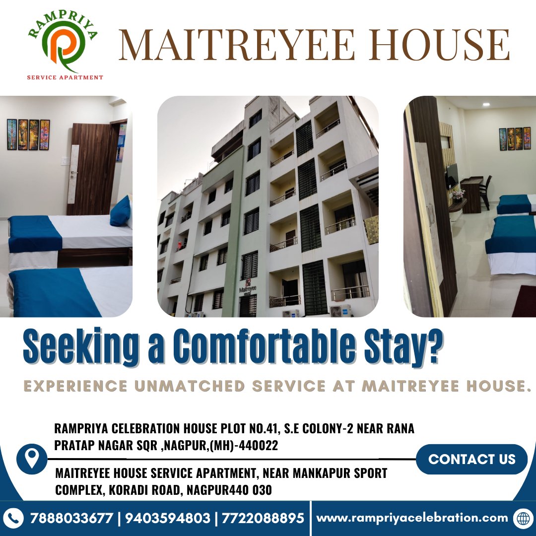 Discover unparalleled comfort at Maitreyee House. Ready for a cozy stay?
.
.
#MaitreyeeHouse #ComfortableStay #Hospitality #viralpost #ServiceApartments #AffordableLiving #NagpurAccommodation #ComfortableStay #RamPriyaApartments #rampriyaserviceapartment