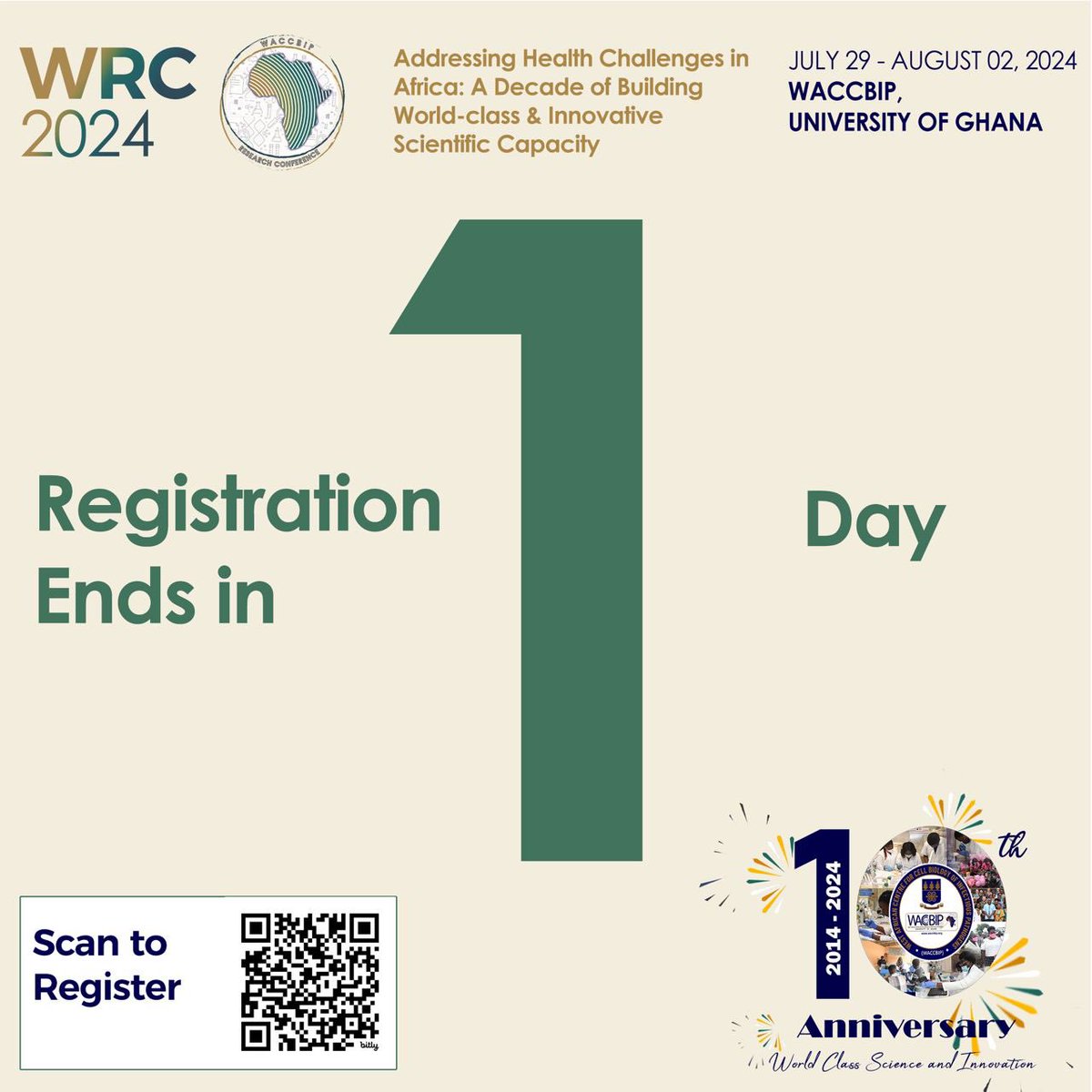 Final reminder! Tomorrow's the deadline to submit your abstract and register for the WACCBIP Research Conference. Don't miss out on this chance. 
Register now at redcap.link/WRC2024
 #WACCBIP #research #conference #deadline #WACCBIPis10