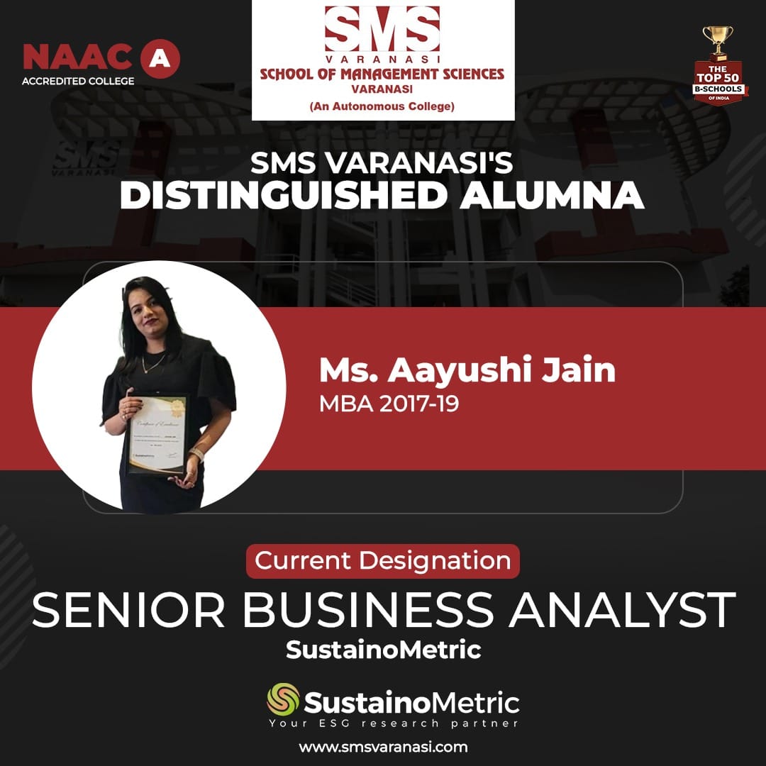Congratulations to our alumna, Ms. Aayushi Jain (MBA: 2017-19 Batch), on her promotion to Senior Business Analyst at Sustaino Metric!
#SMSVARANASI #varanasi #SuccessStory #ProudMoment #alumna #ProudAlumni #achievement #Congratulations #MBA #businessanalyst #SustainoMetric
