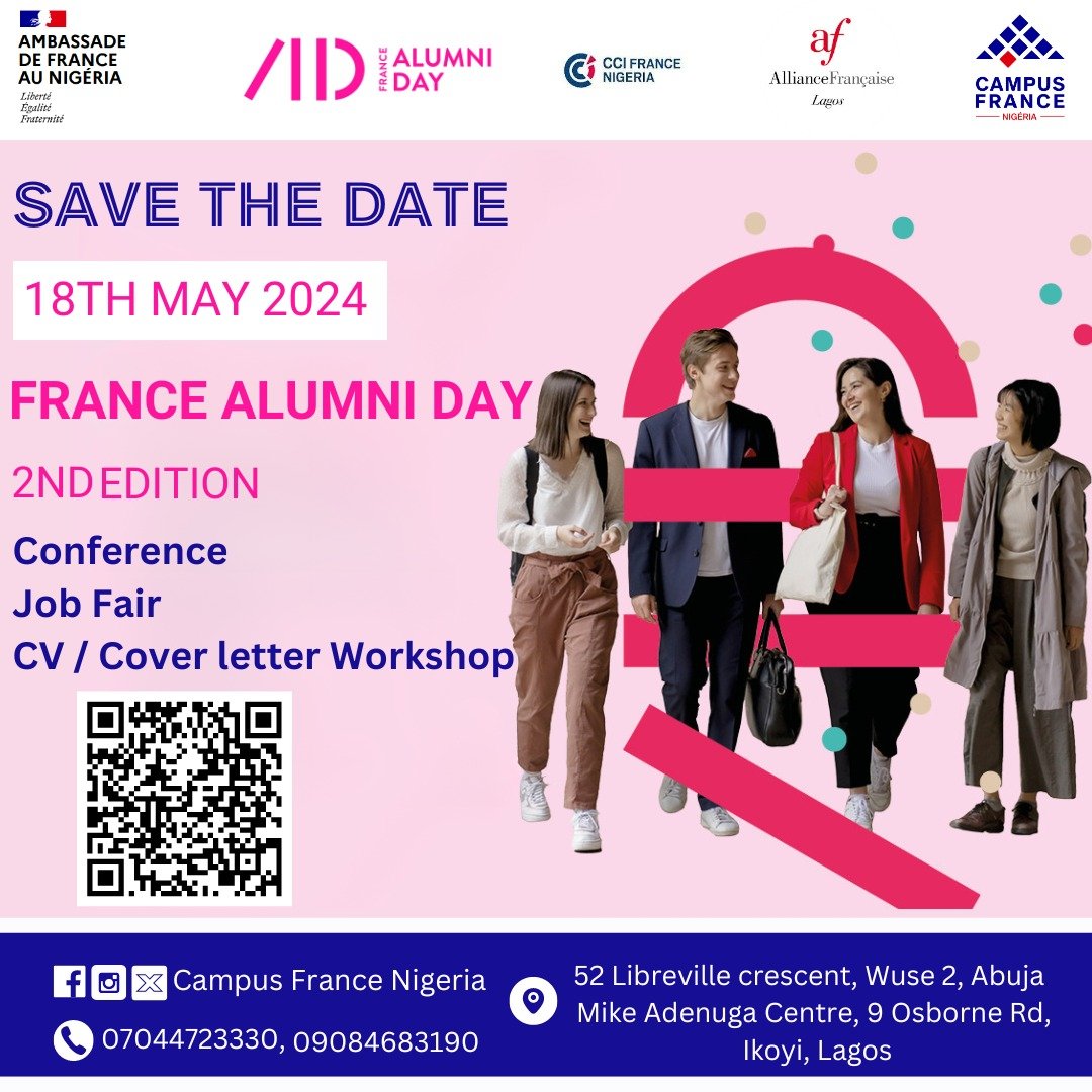 @FranceInNigeria and @CampusFranceNg are organizing the second edition of the France Alumni Day to be held on the 18th of May 2024 @AF_Lagos Click ➡️ bit.ly/3W6NxOS to register