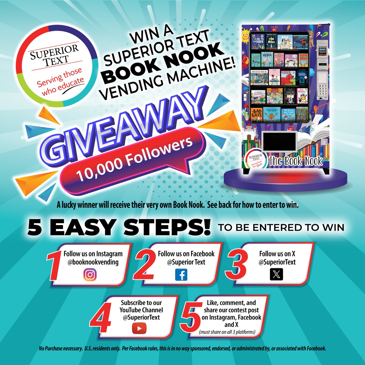 📚 Exciting News! 📚 We're giving away a FREE Book Nook vending machine! 🎉📖 To participate, simply follow these requirements: 1. Follow us on IG, Facebook, Twitter, X, and Youtube 2. Like, comment AND share our giveaway post on all platforms. #booknook #bookvendingmachine