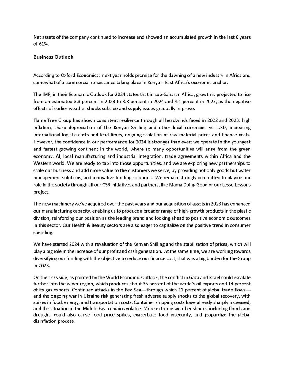 FlameTreeGroup's tweet image. Flame Tree Group sales increased by +11% up to 4,463 million Ksh.
* Gross margin increased 10 p.p up to 35%.
* EBITDA reached +421.4 million Ksh (+410% vs LY)
* Working capital management showed positive performance.