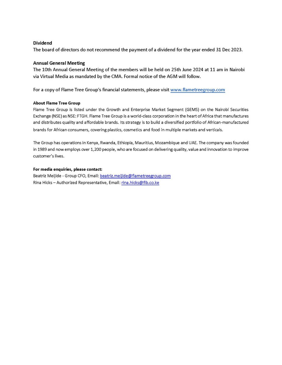 FlameTreeGroup's tweet image. Flame Tree Group sales increased by +11% up to 4,463 million Ksh.
* Gross margin increased 10 p.p up to 35%.
* EBITDA reached +421.4 million Ksh (+410% vs LY)
* Working capital management showed positive performance.