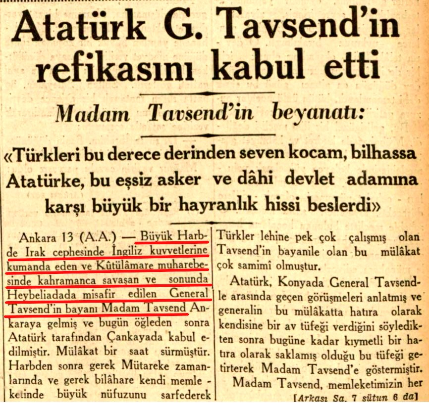 Kutul Amare zaferini kazanan 2 komutandan Halil Kut Paşa ve Sakallı Nureddin Paşa evlerine kapatılıp unutturulurken kaybeden İngiliz komutan Townshend'in eşi Çankaya Köşkünde ağırlanmış Habere bakılırsa adeta Kutülamare'de İngilizler galip, biz mağlubuz Cumhuriyet,14 Nisan 1937