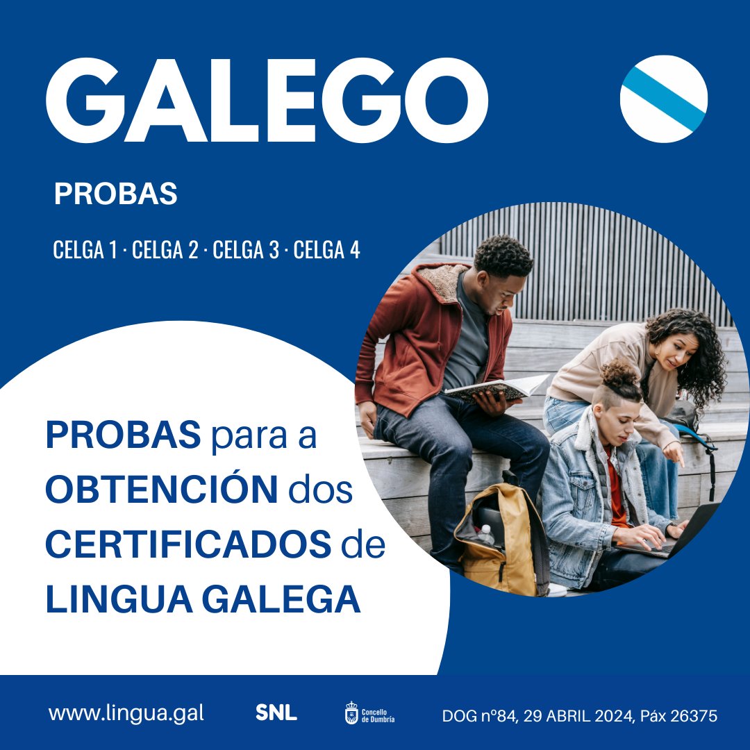 📘 PROBAS CELGA 1 · 2 · 3 · 4

🗓 Datas das probas ⤵

CELGA 1: 1 xuño
CELGA 2: 26 maio
CELGA 3: 25 maio
CELGA 4: 18-19 maio

DOG👉 bit.ly/3xR8lQ6

#celga #normalizaciónlingüística #galego #secretariaxeralpoliticalinguistica